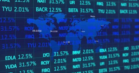 Global financial data with world map and ticker overlay