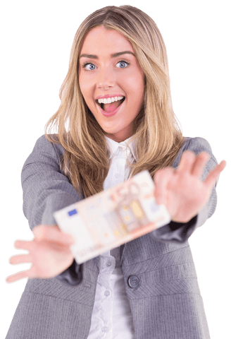 blonde woman wearing business suit enthusiastically presenting fifty euro note with big smile. perfect for promotional materials, financial services marketing, joyful business representations, or emphasizing effective money handling. useful for websites focusing on personal finance advice or financial gains.