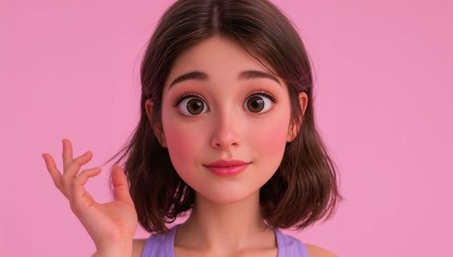 3d animated teen female avatar waving on pink background, lilac top, big eyes