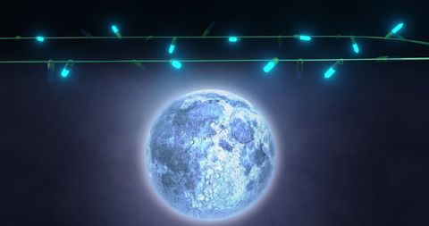Full Moon Night with Vibrant Blue Christmas Lights