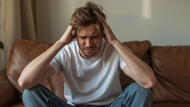 Stressed Casual Man Sitting on Leather Couch in Calm Room