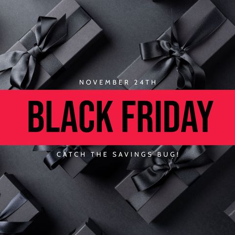 Black Friday Sale Promotion with Elegant Gift Boxes, Red Banner