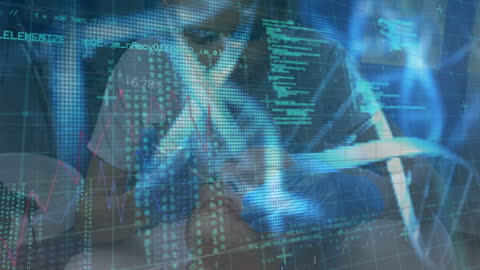 Futuristic DNA Strand and Digital Network Overlay