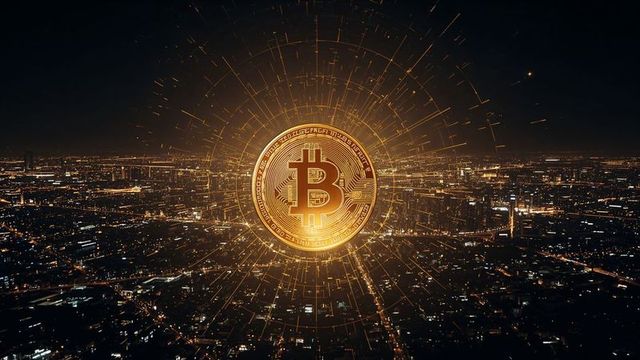 Glowing Bitcoin Above City with Radiating Networks
