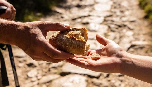 Hikers sharing crusty bread on sunlit rocky trail close-up of passing loaf