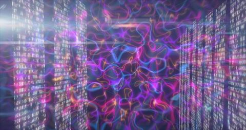 Futuristic neon tunnel with binary code in virtual corridor