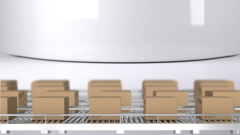 Conveyor Belt Animation with Moving Boxes in Industrial Setting