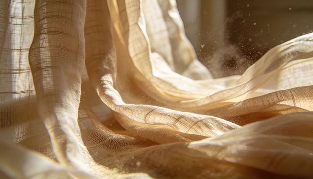 Billowing sheer curtains filtering warm sunlight and floating dust particles in morning glow