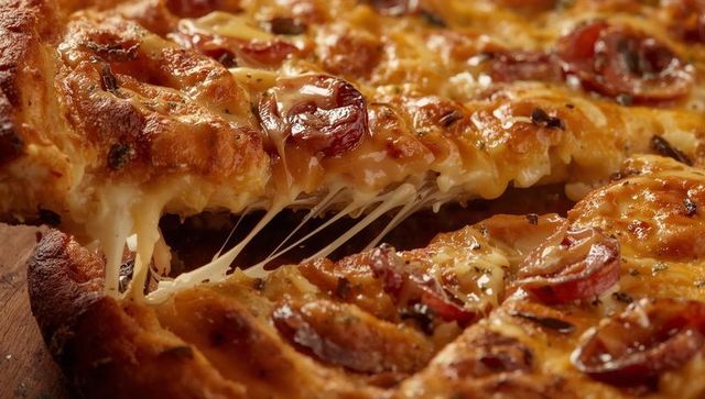 Gooey pepperoni pizza slice pulling stringy mozzarella from rustic charred crust