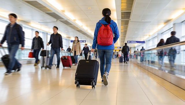 Solo traveler walking and pulling suitcase through busy airport walkway with red backpack