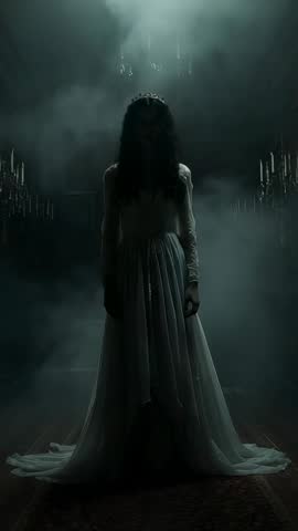 Fog Rolling Through Mansion Hall Silhouetting Gowned Woman with Tiara Under Chandelier