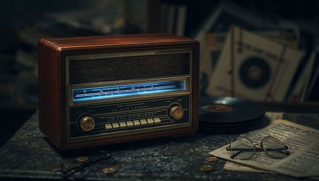 Glowing vintage wooden radio with blue dial and brass knobs on worn study table