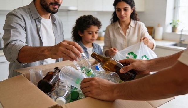 Family sorting glass and plastic bottles in sunlit kitchen recycling routine eco habits