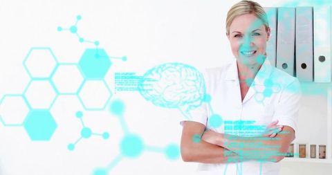 Smiling clinician crossing arms in white coat with cyan holographic medical graphics
