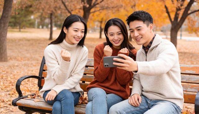 Three asian friends taking selfie on park bench smiling in warm knit sweaters and jeans