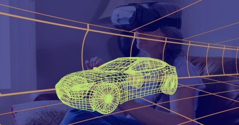 Woman experiencing car design with vr, innovative automotive technology