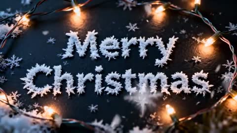 Merry Christmas lettering forming from drifting snowflakes glowing among warm string lights