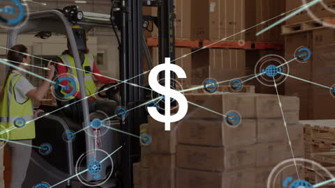 Warehouse Collaboration with Digital Currency Concept Overlay