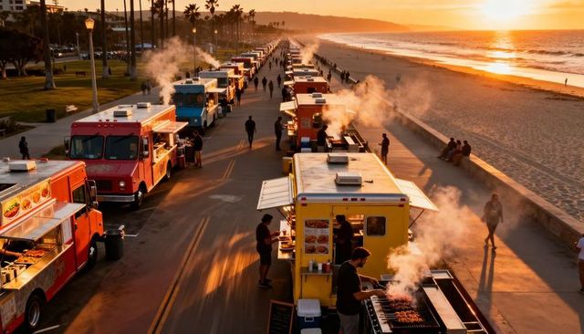 Sunset food trucks grilling along beach promenade with ocean view and golden light