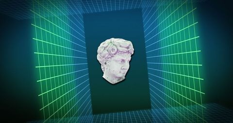 Sculpture Head in Neon Digital Art Space