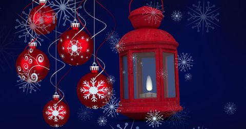 Red Lantern and Christmas Baubles Amid Falling Snowflakes - Download Free Stock Images Pikwizard.com