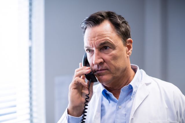 Male doctor interacting on phone in clinic