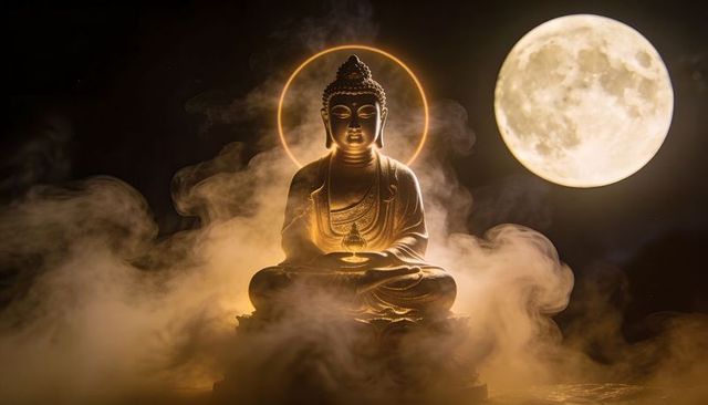 Gilded buddha statue glowing under full moon with halo and misty smoke aura, meditative