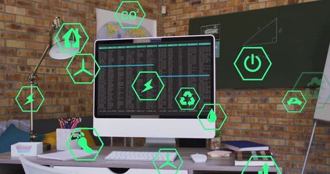 Desktop Terminal in Modern Home Office with Neon Green Sustainability Icons Overlay