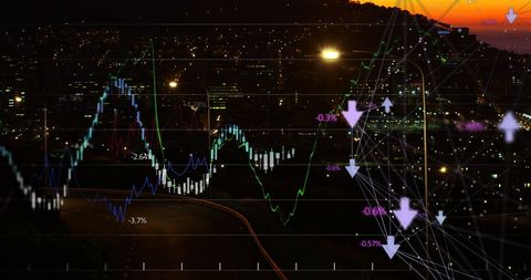 digital financial data over cityscape at dusk - Download Free Stock Images Pikwizard.com
