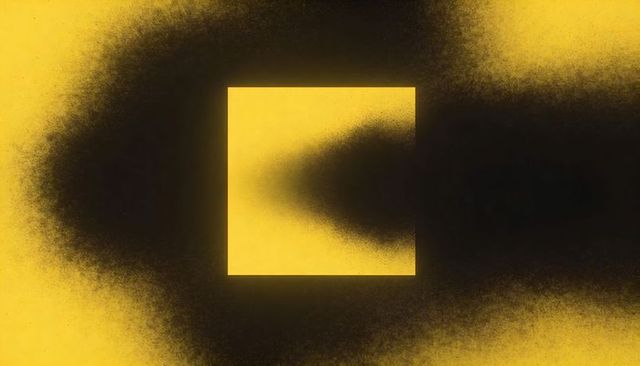 Yellow square contrasting with black aerosol band, abstract spray texture and gradient