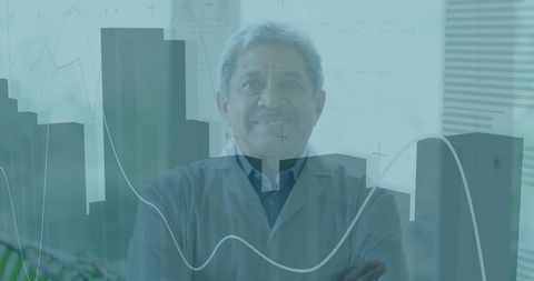 Senior Scientist Analyzing Data Visualizations in Modern Lab Environment