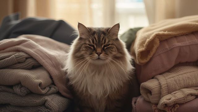 Longhaired tabby cat nesting among folded sweaters and blankets in soft warm light