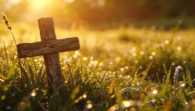 Weathered wooden cross standing in dew-kissed meadow at sunrise with golden bokeh