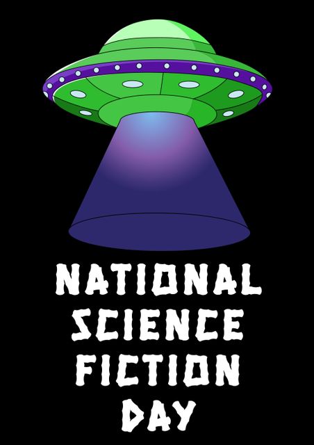 Digital composite of national science fiction day text with ufo on black background. science and imagination.