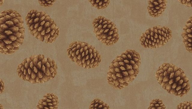 Rustic pine cone repeat pattern on textured tan background for wallpaper and fabric