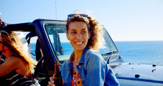 Carefree Woman Enjoying Road Trip by the Ocean on a Sunny Day - Download Free Stock Images Pikwizard.com