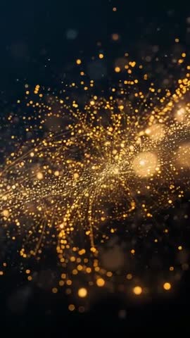 Vertical gold particle stream radiating from bright core, shimmering bokeh motion