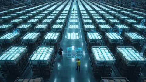 Warehouse staff monitoring holographic floor display while colleague scans pallet racks