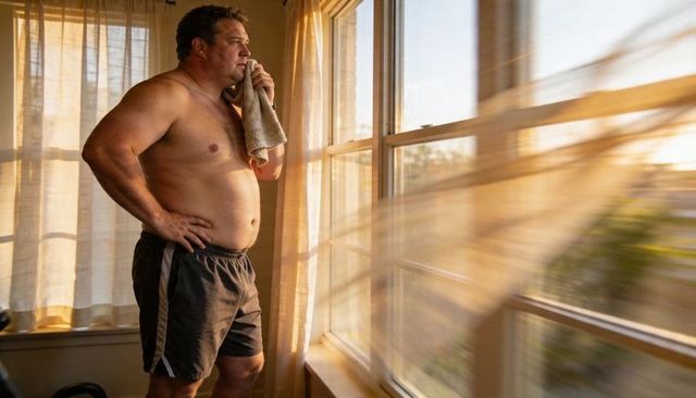 Bare-chested man standing at sunlit window holding towel after home workout during golden hour