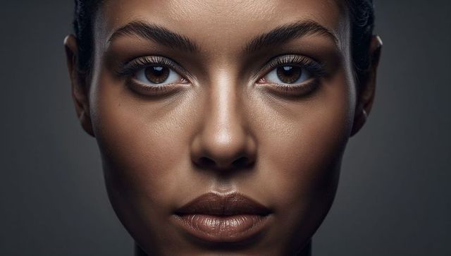 Intense close-up portrait of woman facing camera holding composed gaze with bronzed skin