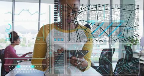 Professional using holographic map technology in modern office