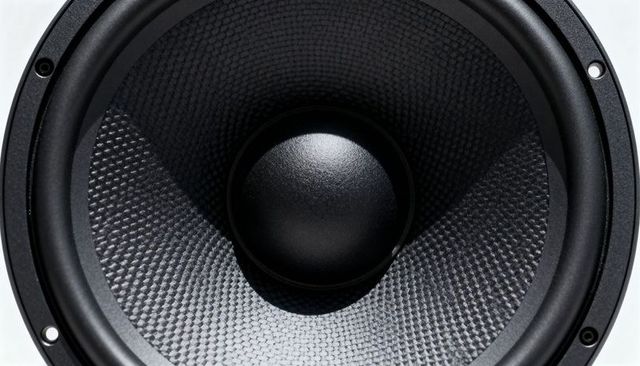 Woven woofer cone close-up showing dust cap rubber surround metal rim studio lighting