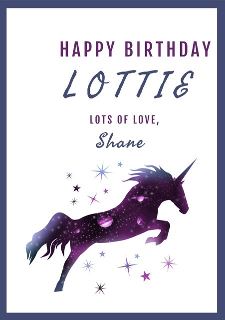 This themed birthday card features a majestic unicorn against a starry backdrop with personalized text. The design conveys a sense of magic and wonder, ideal for kids' birthday parties, especially those with a fantasy theme. It can be used to send heartfelt birthday wishes to unicorn enthusiasts of all ages.