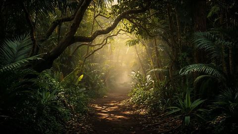 Mystical Pathway Through Lush Tropical Forest