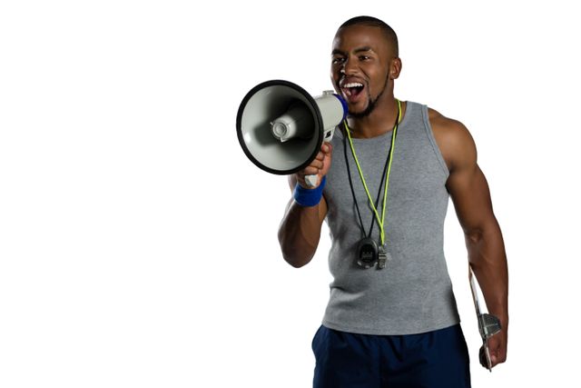 Male rugby instructor announcing with megaphone, wearing athletic gear, holding clipboard and whistle. Ideal for sports training, coaching, fitness motivation, leadership, and communication themes.