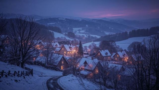 Glowing snow-covered village nestling in twilight valley with warm window lights