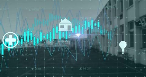 Financial graphs and real estate icons overlay