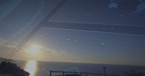 Sunset Over Ocean with Graphic Grid Overlay for Futuristic Effect