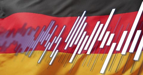 German flag overlay with stock market candlestick chart