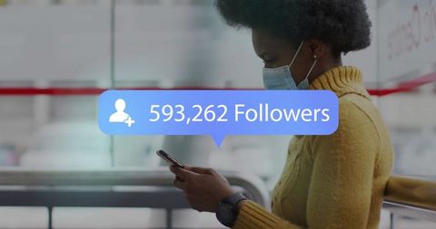 Masked Urban Commuter Engaging with Social Media on Smartphone